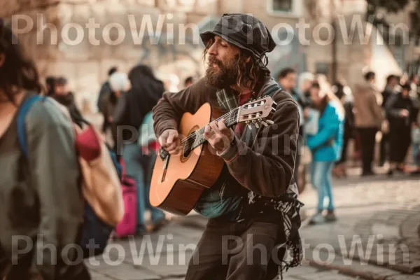 נגן רחוב משעשע המונים ביפו העתיקה, ממדינת ישראל. מוּסִיקָאִי, גִיטָרָה, זָקָן