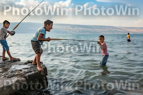 ילדים דייגים בכנרת, התרגשות באוויר, ממדינת ישראל. שָׁמַיִם, מִכְנָסַיִים קְצָרִים, מכנסי ברמודה