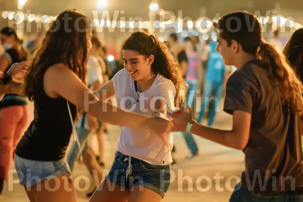 קבוצת צעירים רוקדת בפסטיבל מוזיקה, ממדינת ישראל. מִכְנָסַיִים קְצָרִים, חיוך, כתום