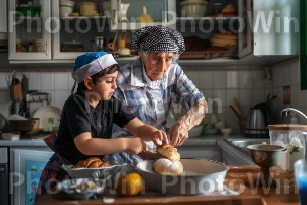 סבתא מלמדת את הנכד שלה לאפות חלות, ממדינת ישראל. משטח עבודה, כלי שולחן, מכשיר למטבח