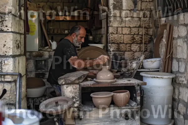 בעלי מלאכה בעבודת כלי חרס בצפת, ממדינת ישראל. כלי הגשה, אומנות יצירתית, כובע