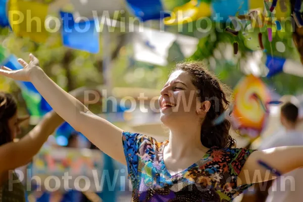 אישה רוקדת בחגיגה, מוזיקה שמחה מתנגנת, ממדינת ישראל. כְּחוֹל, שַׂמֵחַ, קַיִץ