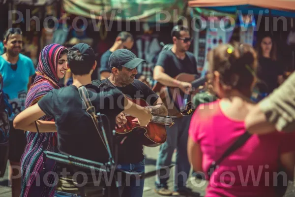 אמני רחוב בשוק העמוס, ממדינת ישראל. כלי נגינה, גִיטָרָה, בידור