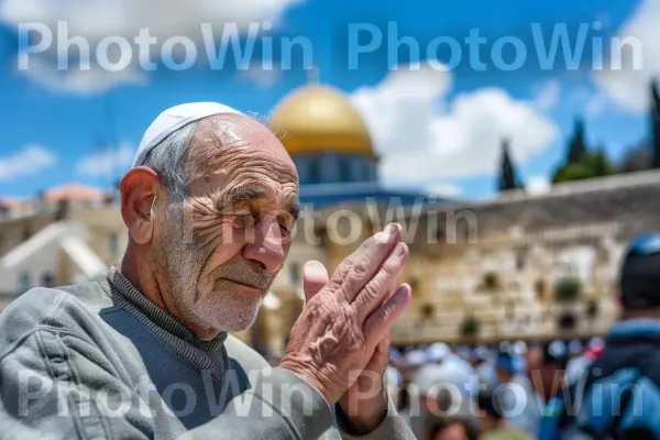 קשיש מתפלל בכותל, ממדינת ישראל. ענן, כְּחוֹל, מחווה