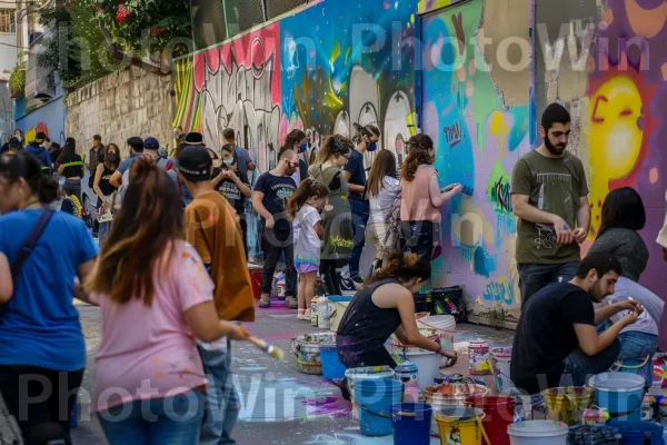 אמנים מציירים ציורי קיר תוססים ברחוב, ממדינת ישראל. תַצלוּם, חולצה קצרה, קבוצה חברתית