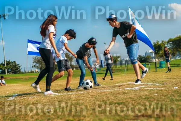 קבוצת חברים משחקת כדורגל, ממדינת ישראל. הַנעָלָה, שָׁמַיִם, צמח