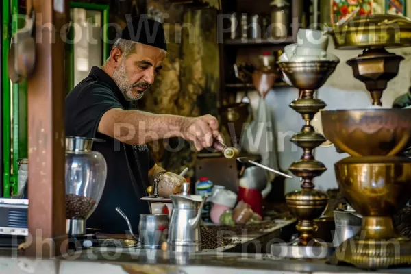 בריסטה מכינה קפה טורקי מסורתי בתל אביב, ממדינת ישראל. כלי שולחן, משטח עבודה, גַז