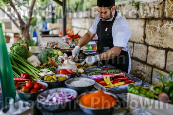 שף מבשל מנות ישראליות מסורתיות ממדינת ישראל. מזון, ירוק, מוכר