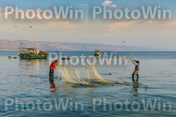 דייגים משליכים רשתות בכנרת, ממדינת ישראל. ענן, שָׁמַיִם, אֲגַם