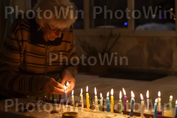 אישה מדליקה נרות לחנוכה, ממדינת ישראל. משקפיים, נר, משהו