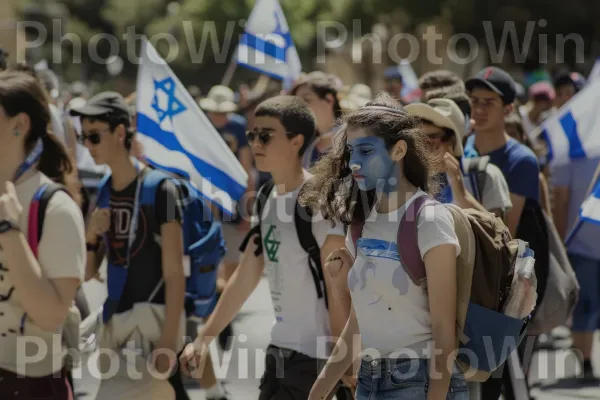 תלמידים צועדים במצעד, חוגגים את יום העצמאות, גאווה בשפע, ממדינת ישראל. משקפיים, כובע, אירוע