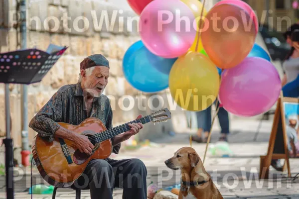 מוזיקאי רחוב משעשע עוברי אורח, ממדינת ישראל. כֶּלֶב, בַּלוֹן, טורף