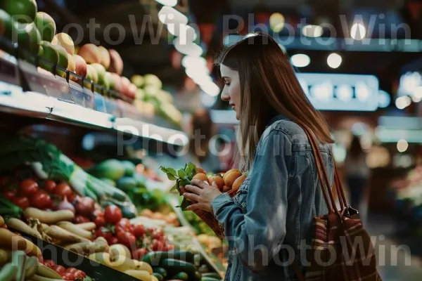 אישה קונה תוצרת טרייה בשוק, ממדינת ישראל. לבן, מוכר, עגבנייה שזיף