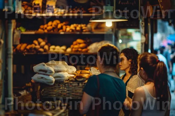 נשים מפטפטות במאפייה מסורתית ממדינת ישראל. מזון, מרחב ציבורי, שׁוּק