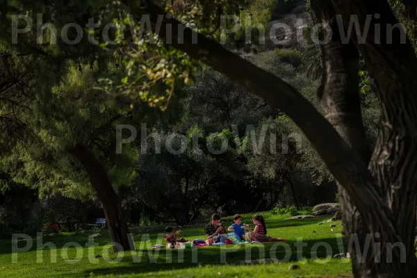 משפחה נהנית מפיקניק בפארק ירושלמי, ממדינת ישראל. ענף, צֵל, אוֹר שֶׁמֶשׁ