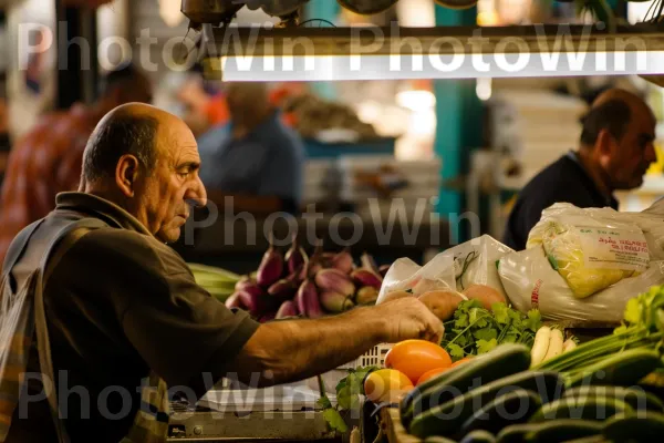 רוכלי שוק מחליפים על תוצרת טרייה, אווירת שוק שוקקת ממדינת ישראל. מזון, צרכן, שׁוּק