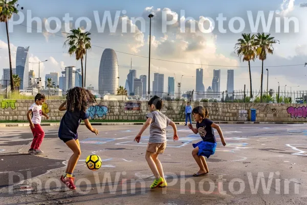 ילדים משחקים כדורגל ברחובות תל אביב, ממדינת ישראל. ענן, שְׁעוֹת הַיוֹם, צמח