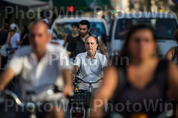 נוסעים רוכבים על אופניים ברחובות תל אביב השוקקים, ממדינת ישראל. רכב, מרחב ציבורי, קָהָל