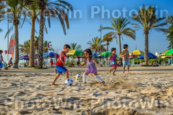 ילדים משחקים כדורגל בחוף הים בתל אביב, ממדינת ישראל. שָׁמַיִם, עֵץ, כדורגל