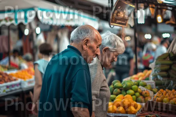 זוג מבוגרים קניות בשוק שוקק חיים, ממדינת ישראל. תַצלוּם, מוכר, צמח