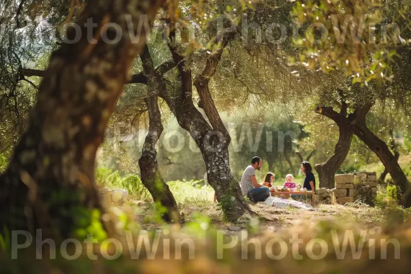 משפחה נהנית מפיקניק מתחת לעצי הזית בגליל, ממדינת ישראל. עץ, חדק, נוף טבעי