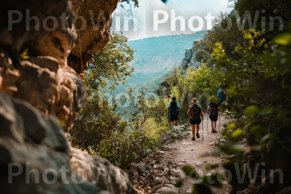 קבוצת מטיילים במסלול נופי ממדינת ישראל. שָׁמַיִם, הַר, אוֹר שֶׁמֶשׁ