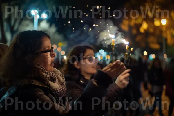 הדלקת חנוכייה בחגיגת חנוכה, שמחה באוויר, ממדינת ישראל. משקפיים, יד, ז\'קֵט