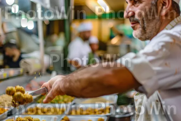 שף מכין פלאפל בשוק רחוב, ממדינת ישראל. מזון, מזונות טבעיים, מִטְבָּח