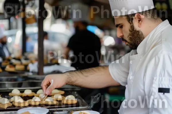 שף מכין פלאפל בשוק רחוב, ממדינת ישראל. מדי שף, שֶׁף, מתכון