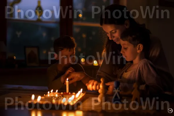 משפחה חוגגת יחד את חנוכה, מדליקה נרות ומשחקת בסביבון, ממדינת ישראל. פָּעוֹט, כֵּיף, אֵשׁ