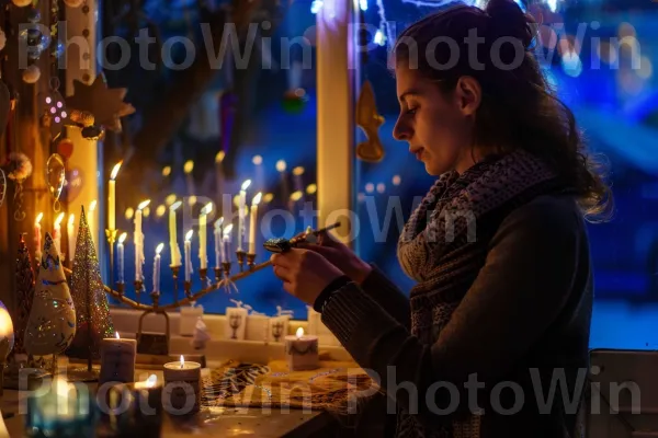 אישה מדליקה נרות חנוכה, ממדינת ישראל. פמוט, לְהִתְפַּלֵל, כֵּיף