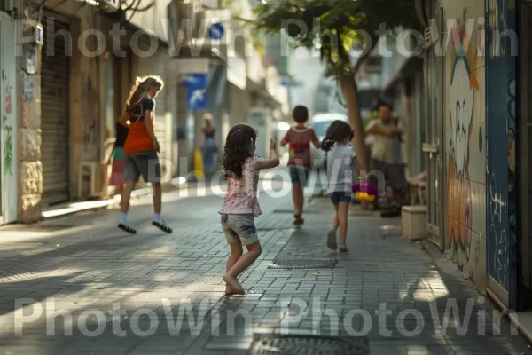 ילדים משחקים ברחובות שכונה תל אביבית תוססת, ממדינת ישראל. מִכְנָסַיִים קְצָרִים, אוֹר שֶׁמֶשׁ, פְּנַאִי