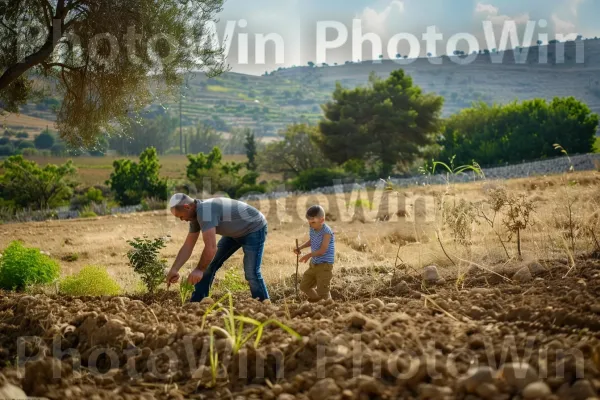 אב ובנו נוטעים עצים בגינה, ממדינת ישראל. עֵץ, חַקלאַי, חַקלָאוּת