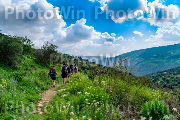 קבוצת מטיילים במסלול נופי ממדינת ישראל. צמח, אזור אקולוגי, אנשים בטבע