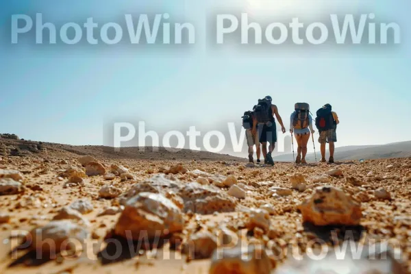 קבוצת חברים מטיילת במדבר הנגב, ממדינת ישראל. שָׁמַיִם, נוֹף, חוֹל