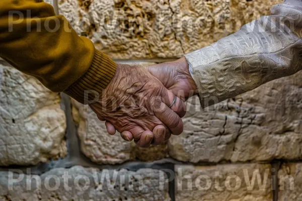 זוג מבוגרים אוחזים ידיים בכותל, ממדינת ישראל. שרוול, מַסְמֵר, מפרק כף היד