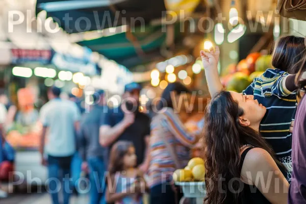 קניות משפחתיות בשוק ירושלמי שוקק חיים, ממדינת ישראל. בית המקדש, כתום, קָהָל