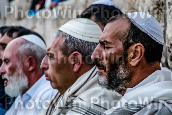 קבוצת גברים מתפללים בכותל בפסח, ממדינת ישראל. שְׁעוֹת הַיוֹם, שפם, קֶמֶט