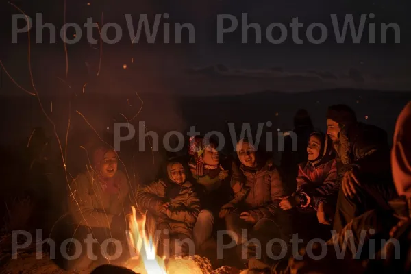 קבוצת חברים מתאספת למדורה, ממדינת ישראל. מְדוּרָה, אֵשׁ, לֶהָבָה