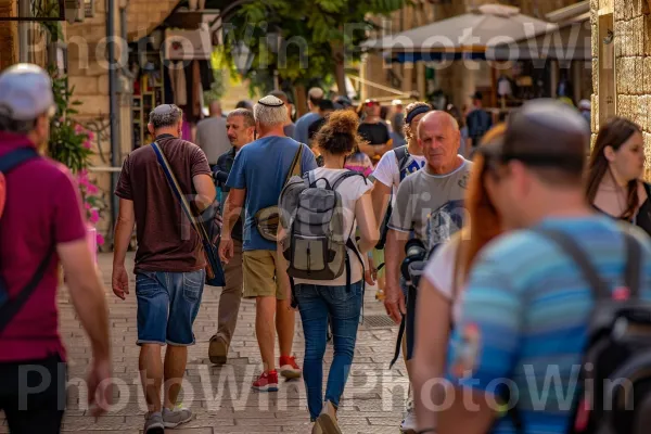 תיירים החוקרים את יפו העתיקה, היסטוריה מתפתחת לפני, ממדינת ישראל. מישקפי שמש, חולצה קצרה, תיק