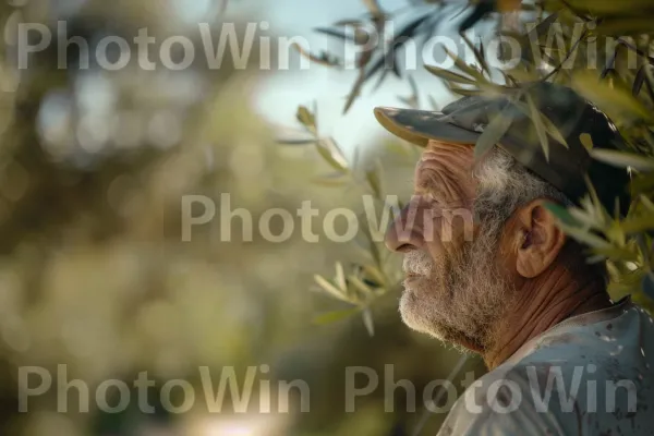 חקלאי מטפל במטע הזיתים שלו בכפר, ממדינת ישראל. זָקָן, שָׁמַיִם, עץ