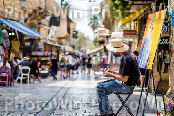 אמן המצייר ציור קיר ביפו העתיקה, ממדינת ישראל. כובע, פדורה, שְׁכוּנָה