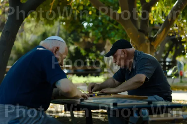 קשישים משחקים שש בש בפארק באשדוד, ממדינת ישראל. שולחן, כובע, עֵץ