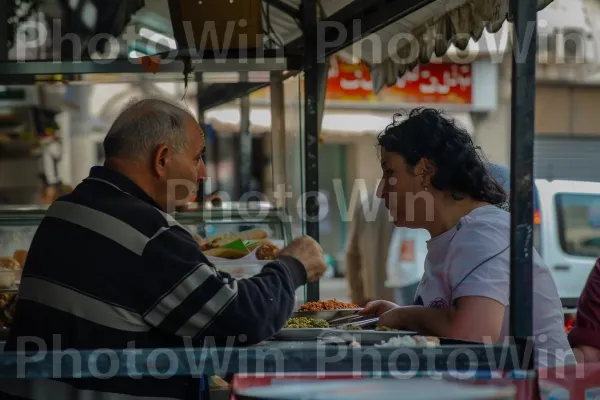 זוג חולק ארוחה בדוכן פלאפל ישראלי מסורתי ממדינת ישראל. צרכן, הַנדָסָה, עִיר