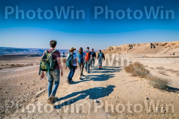 קבוצת חברים מטיילת במדבר הנגב, ממדינת ישראל. ענן, טיול, אנשים בטבע