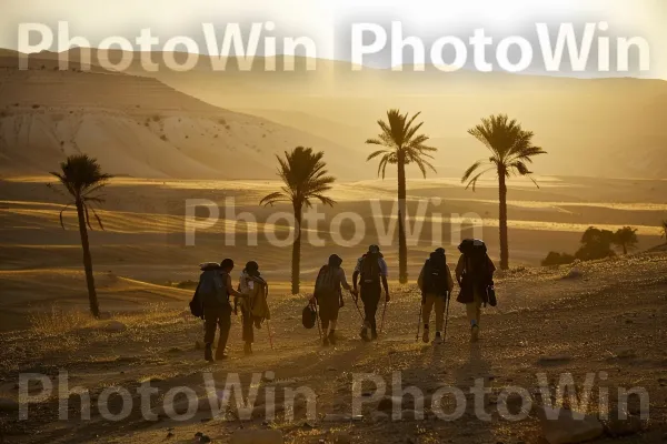 חברים מטיילים במדבר עם הזריחה, ממדינת ישראל. הַר, אזור אקולוגי, צִמחִיָה