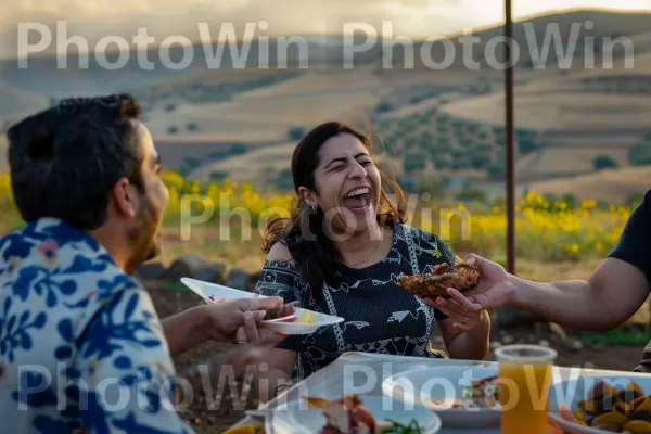 חברים נהנים ממנגל ברמת הגולן, ממדינת ישראל. חיוך, כלי שולחן, שַׂמֵחַ