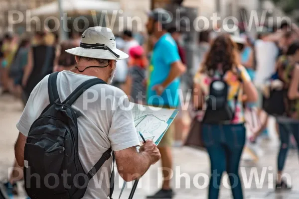 אמן משרטט נקודת ציון היסטורית בעיר שוקקת חיים, ממדינת ישראל. כָּתֵף, כובע, מזוודות ותיקים