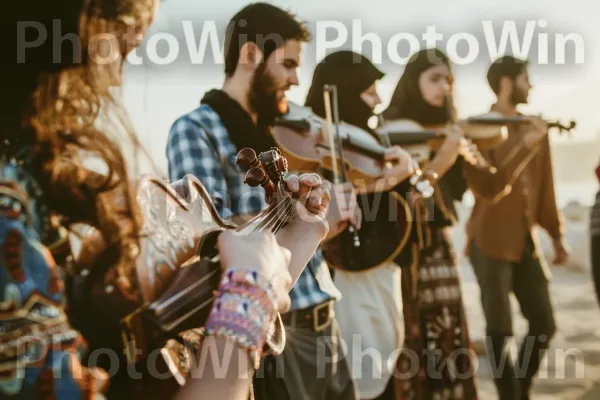 קבוצת חברים מנגנים מוזיקה מסורתית על שפת הים, ממדינת ישראל. כלי נגינה, כלי מיתר, אביזר גיטרה