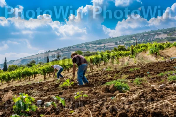 חקלאים מטפלים בכרמים ברמת הגולן, עמל אהבה ממדינת ישראל. ענן, אנשים בטבע, חַקלָאוּת